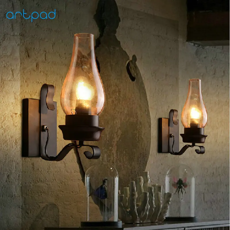 Vintage Loft Wall Lamp with Glass Lampshade for Kitchen Living Room Bedside Mounted Sconce Light Fixture E27 Bulb Free | Лампы и