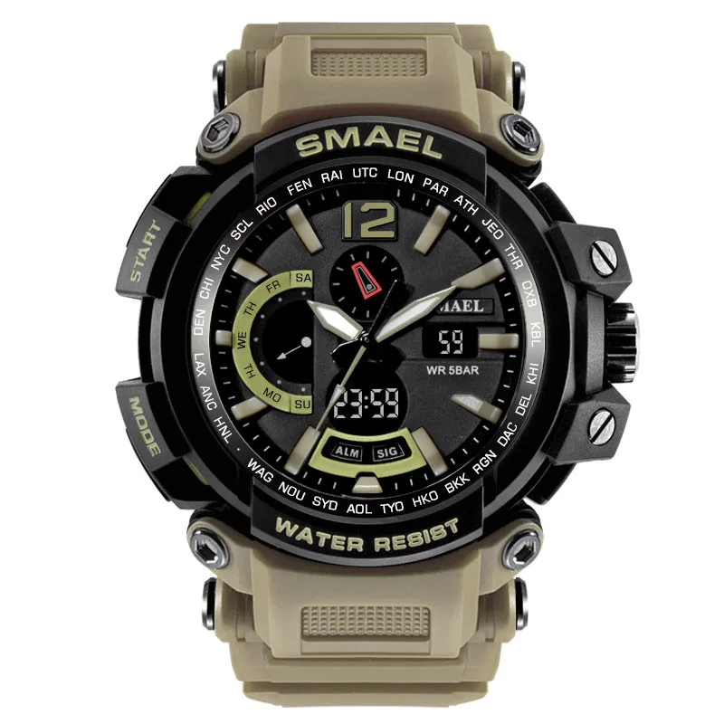 Khaki SMAEL роскошные часы с двойным дисплеем Для мужчин Спорт Многофункциональный Водонепроницаемый светодиодный электронный цифровые часы будильник дни недели и дата Reloj - Цвет: Khaki