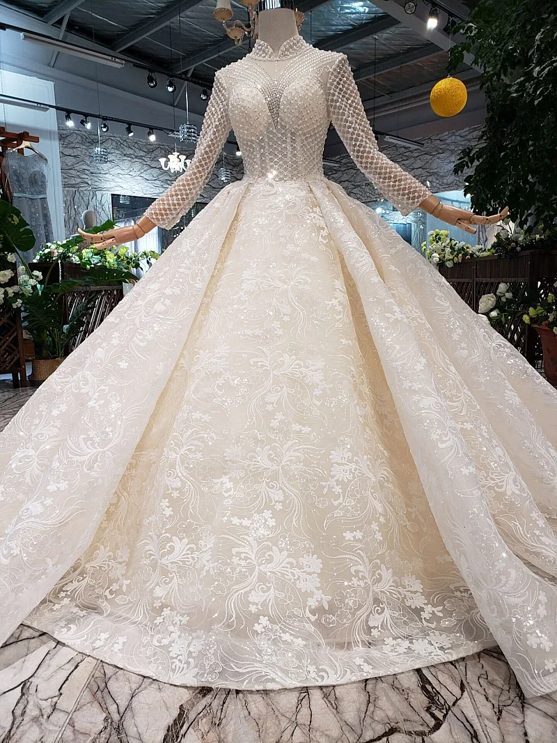 Женское свадебное платье со шлейфом SSYFashion роскошное цвета шампанского с длинным