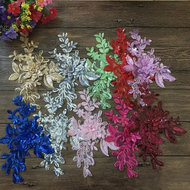

1PC 20*10cm Red Gold Black Silver 3D Flower Embroidered Lace Appliques For DIY Wedding Dress Costumes Hair Accessories Patches