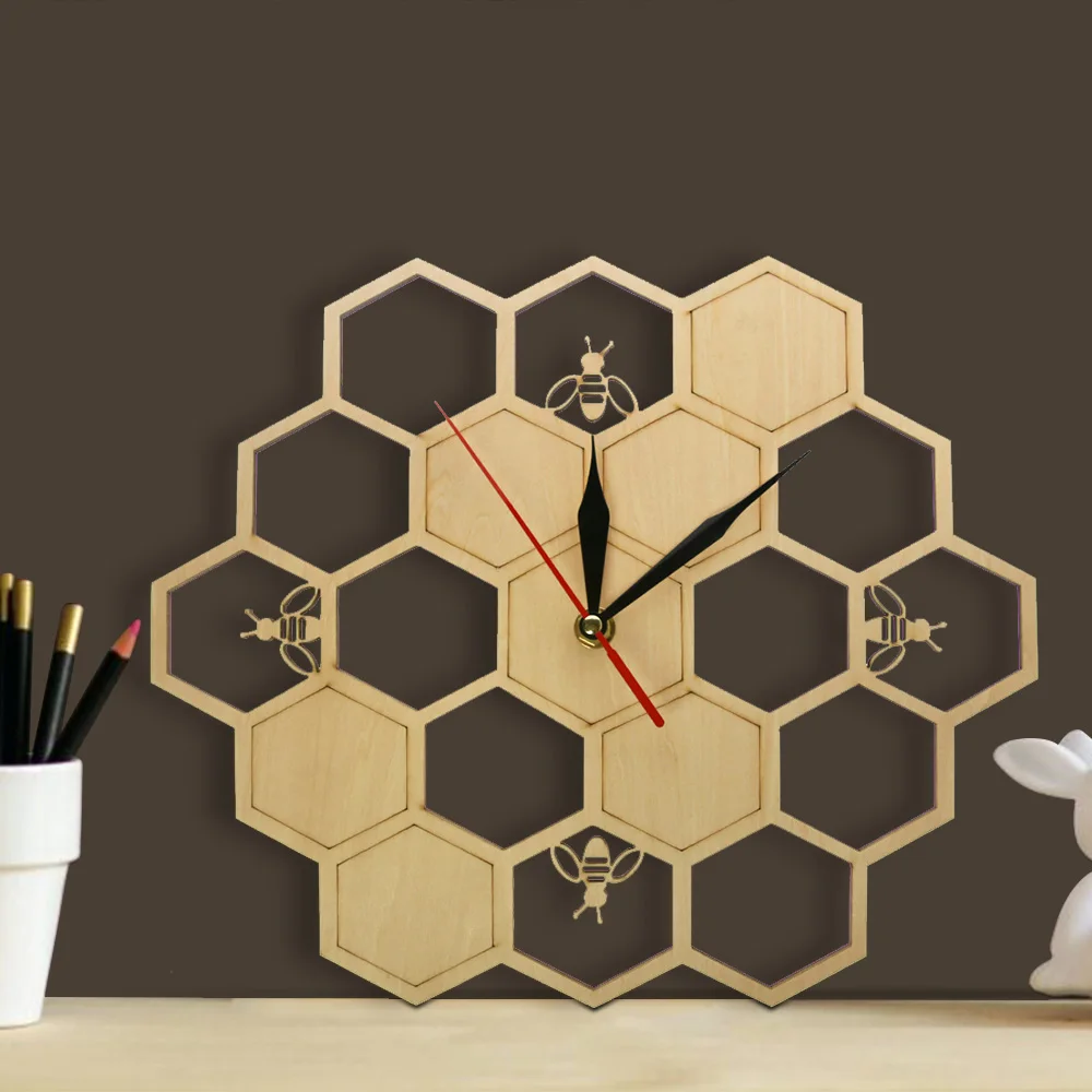 Bees and Honeycomb Natural Wooden Wall Clock Hexagon Wall Art Wood Bee Honey Contemporary Wooden Clock
