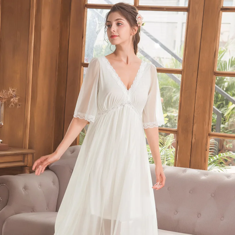 Women's Long Royal Vintage Nightgown Lace Mesh V neck Sleepwear Pink Nightdress | Женская одежда