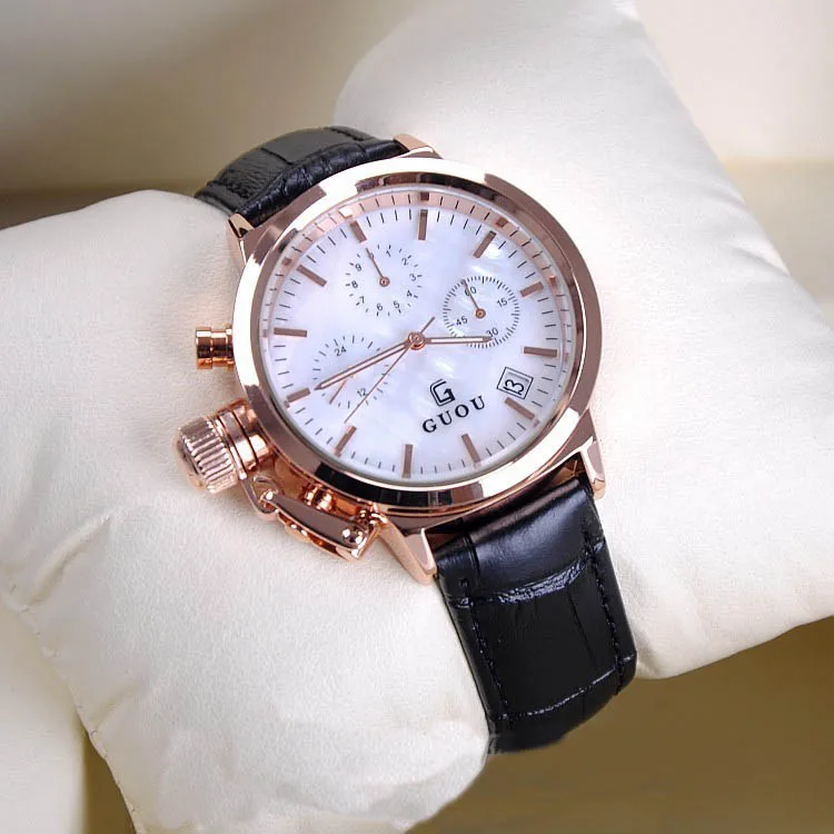 Женские многофункциональные кварцевые часы с ремешком из натуральной кожи