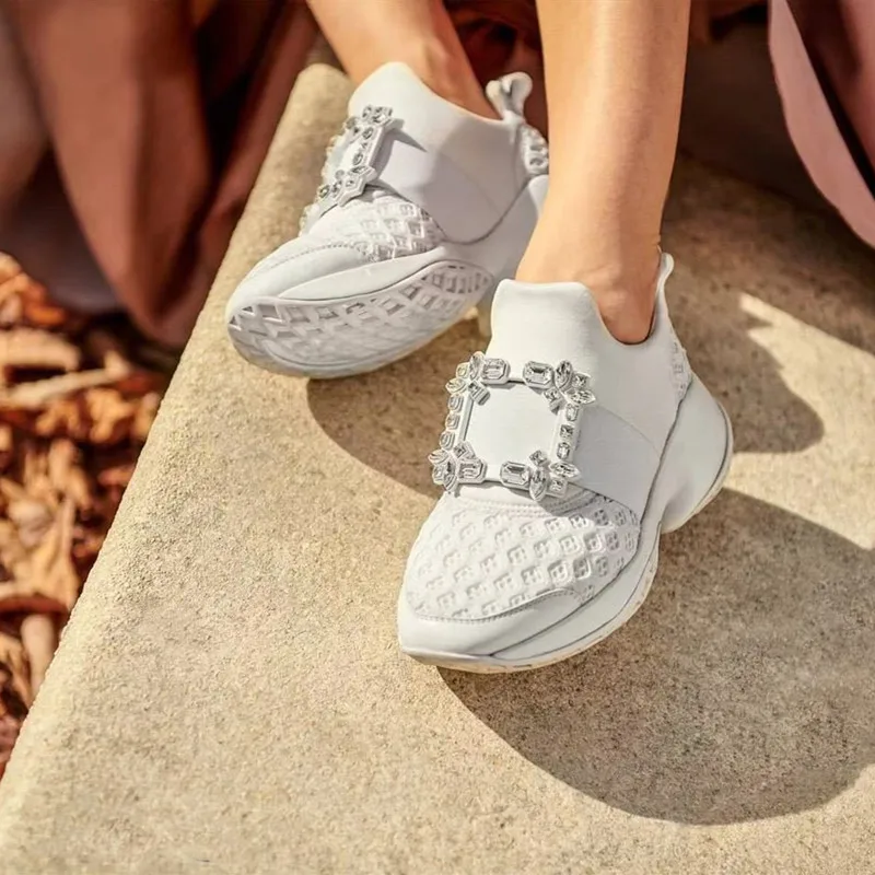 Hot Crystal Square Buckle Mesh Sneakers Women Genuine Leather Platform Thick bottom Flat Breathe Shoes Casual Shoes For Women
