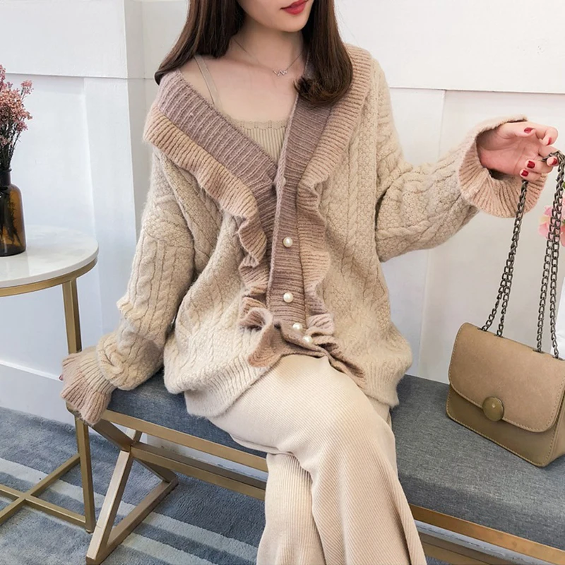 CHICEVER Korean Cardigan Sweater For Women V Neck Flare Sleeve Loose Ruffles Hit Color Sweaters Coats Female Fashion New Autumn |