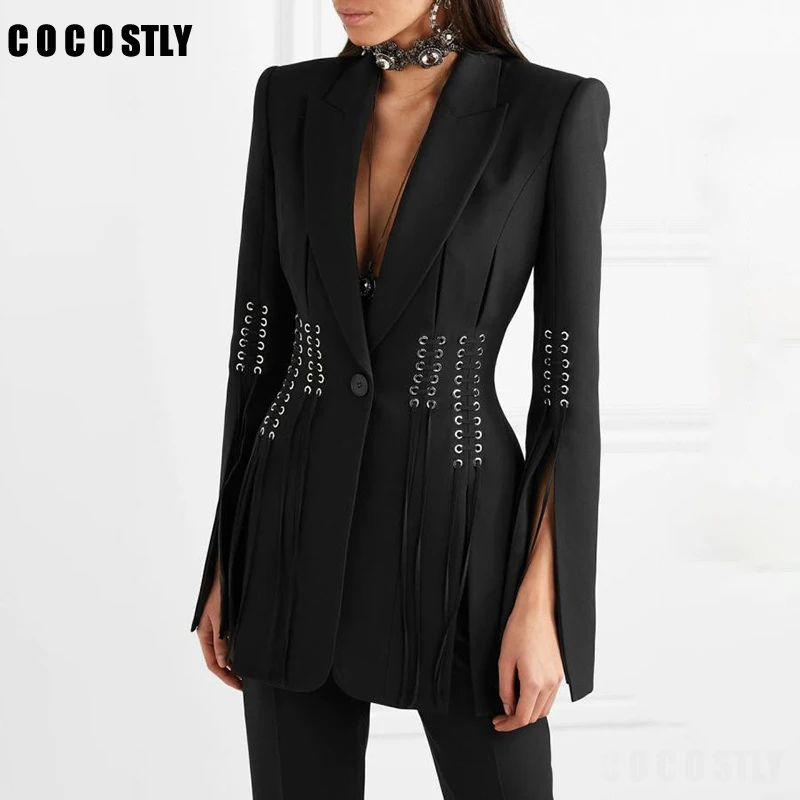 Autumn Casual Women Blazer Lapel Long Sleeve Button Bandage Split Slim Black Female Coat 2019 Fashion Clothes