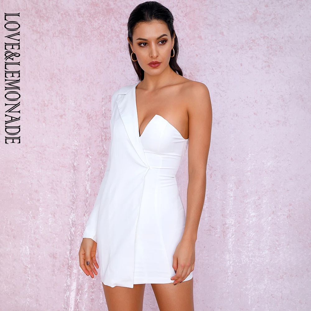 Платье LOVE & LEMONADE сексуальное белое с неровным воротником из микроэластичной