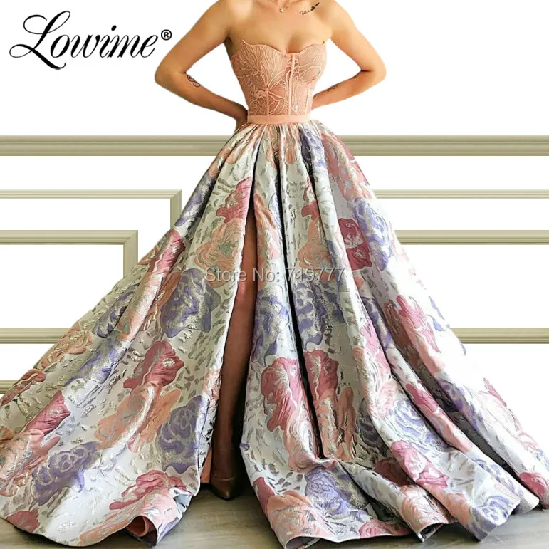 

Floral Pattern Pink A Line Evening Dresses High Split Side Party Gown 2019 New Arrival Arabic Prom Dress Abiye Robe De Soiree