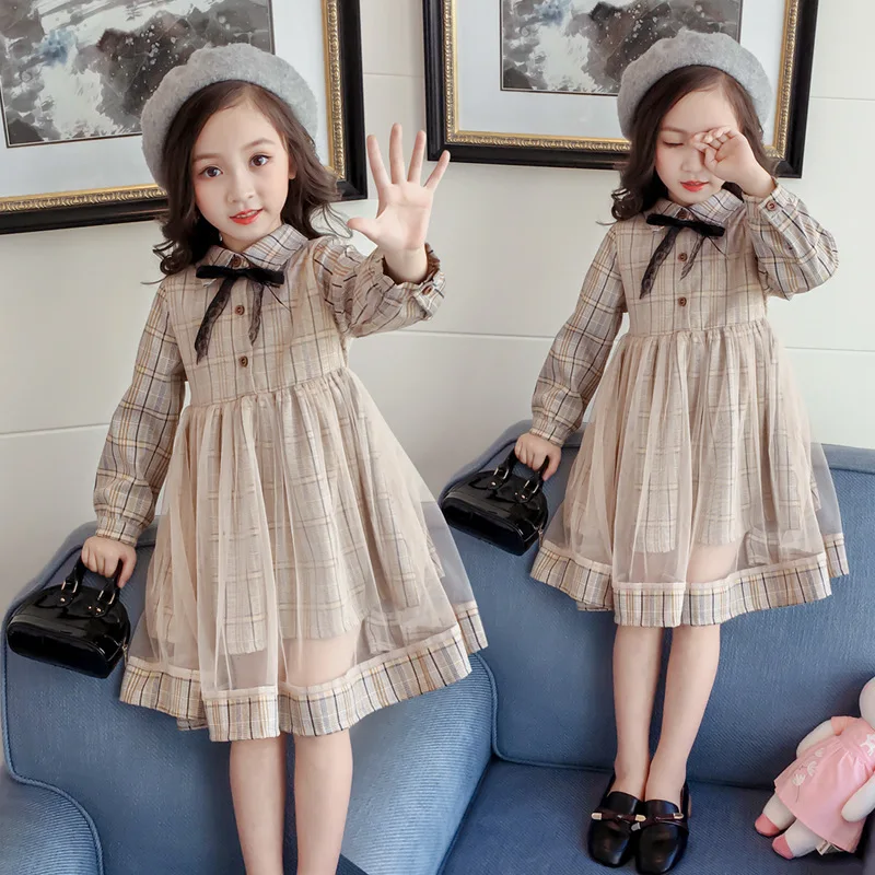 Платья для девочек 2018 осень Новые детские одежда модная сетки шить в клетку с