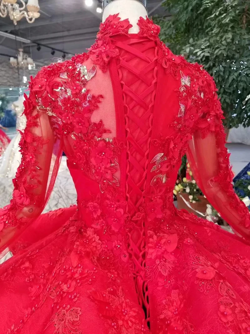 LS11290 бальное платье, вечерние платья, высокий ворот, длинный рукав, шнуровка сзади, роза, свадебные вечерние платья, плиссированные многослойные платья, vestido longo