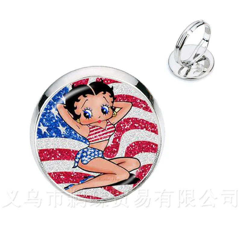 

Lovely Betty Boop Rings American Style Famous Cartoon Characters Glass Cabochon Handmade Party Favors Women Gift
