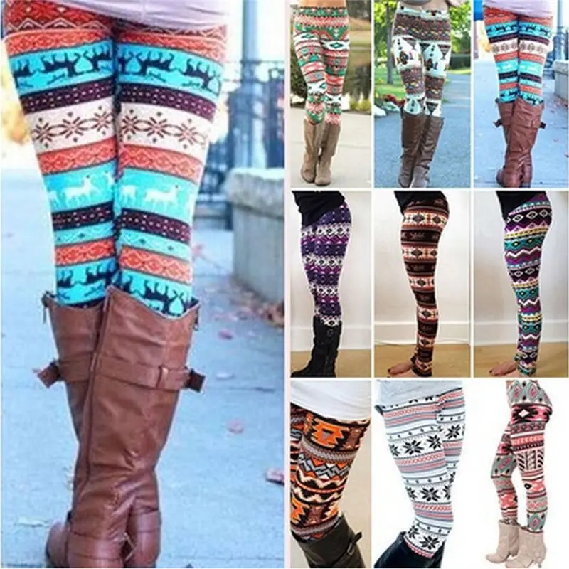 1pc Women Ankle Length Tribal Printed Casual Skinny Slim Legging Stretchy Knit Christmas Gift Snowflake Leggins | Женская одежда