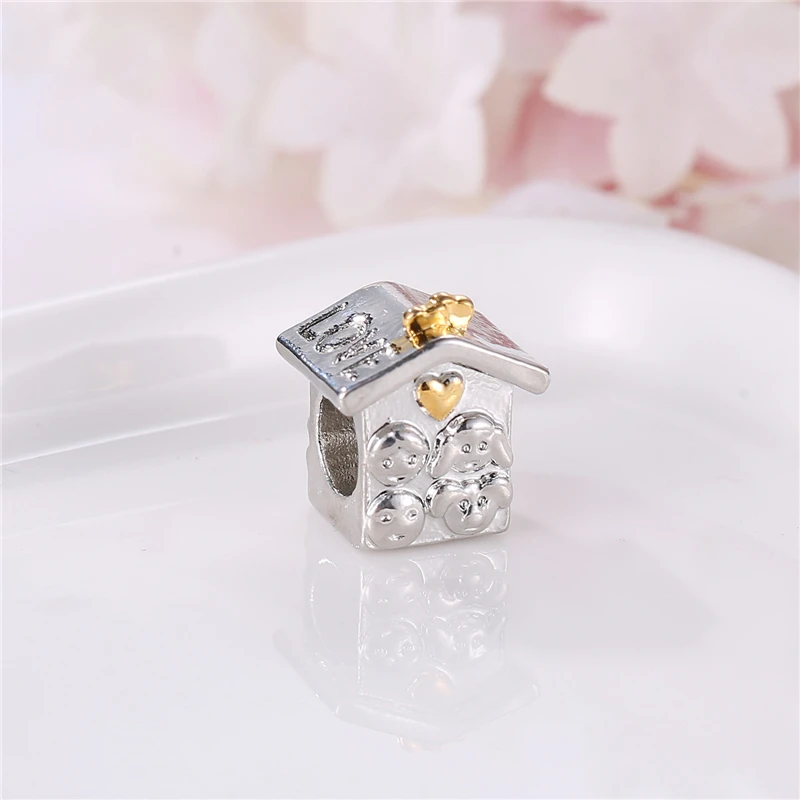 2018 Original Silver Plated Beads Charm Sweet Family With Golden Heart Charms Fit Bracelets Women Diy Jewelry | Украшения и