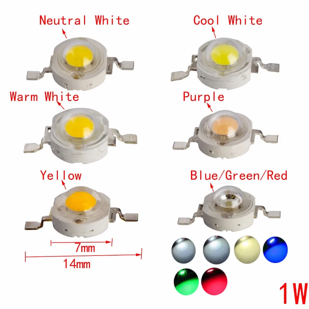 50PCS/Lot 1W led chips bulb diode lamp High Power Led Spotlight Blue Red Yellow Warm Cool White Colorful Downlight Diode | Лампы и