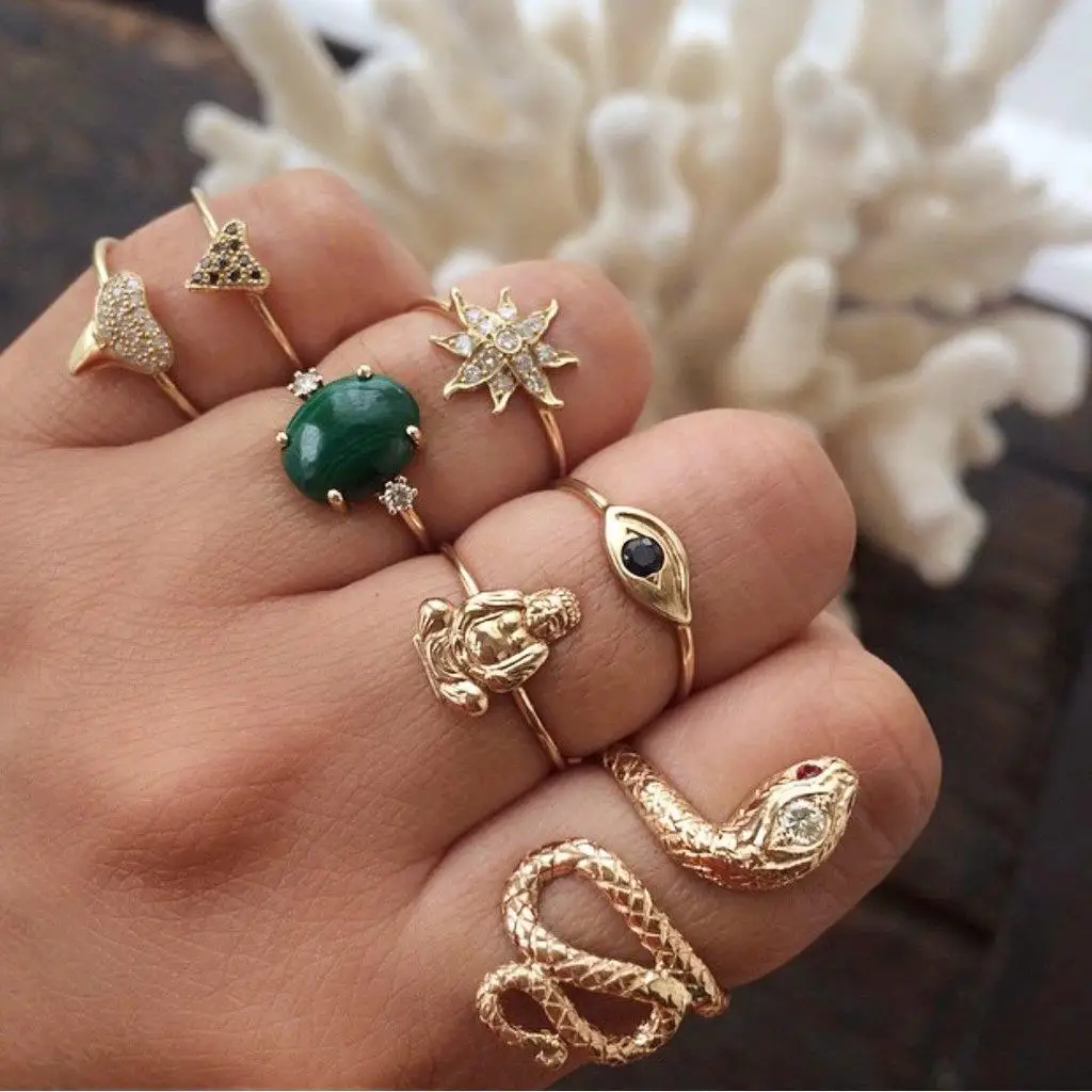 

7 Pcs/Set Boho Little Snake Star Eyes Buddha Statue Gem Triangle Gold Adjustable Opening Ring Set Women Personality Jewelry Gift