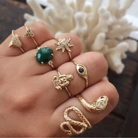 7 pcsset boho little snake star eyes buddha statue gem triangle gold adjustable opening ring set women personality jewelry gift