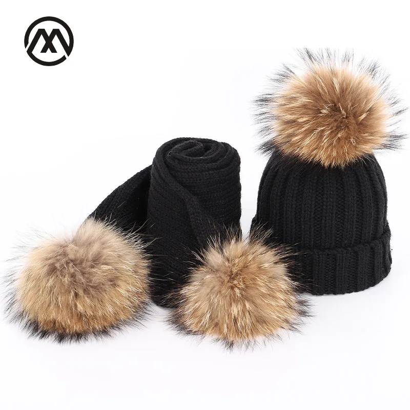 

New autumn and winter children's knitted raccoon fur pom-pom hats color warm and comfortable ski adjustable boy girl's caps bone
