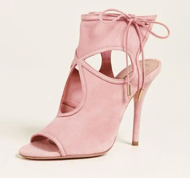 Beli Moraima Snc Peep Toe Lace-Up Stiletto Pumps Musim Panas Pink Kulit High Heel Sandal Cutout Sepatu Hak Tipis