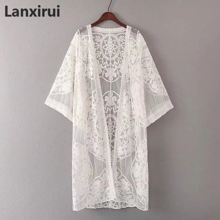 Белый кружевной кардиган кимоно Boho женский прозрачный Удлиненный топ для