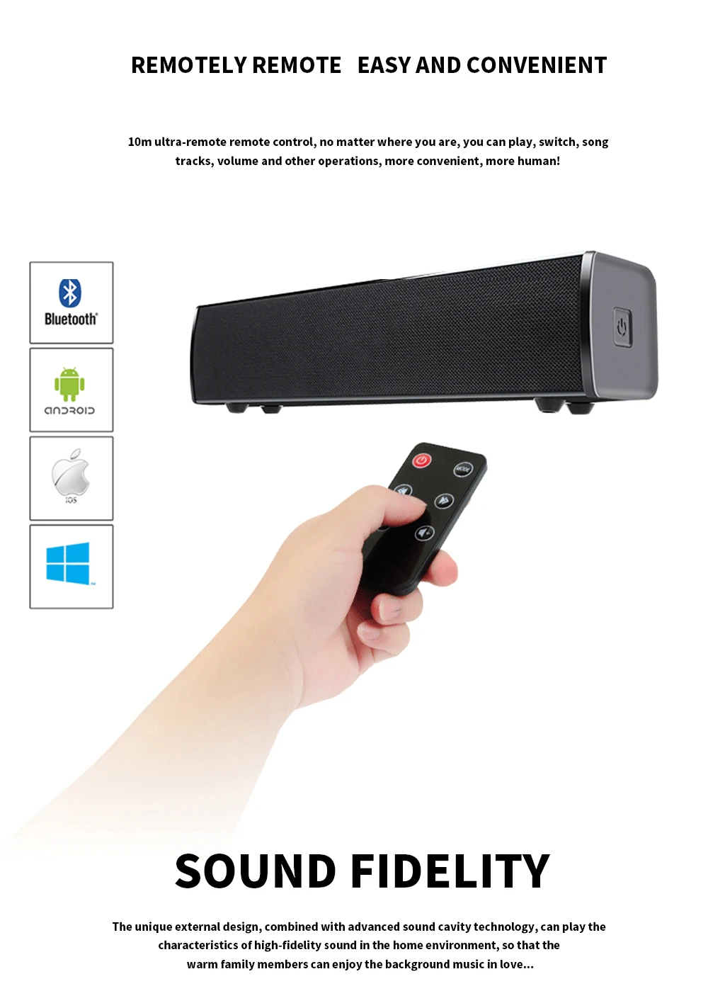 FELYBY объемный звук, Bluetooth Саундбар беспроводной динамик для ТВ компьютера и iPhone с 3,5 мм AUX вход и беспроводной пульт дистанционного управления