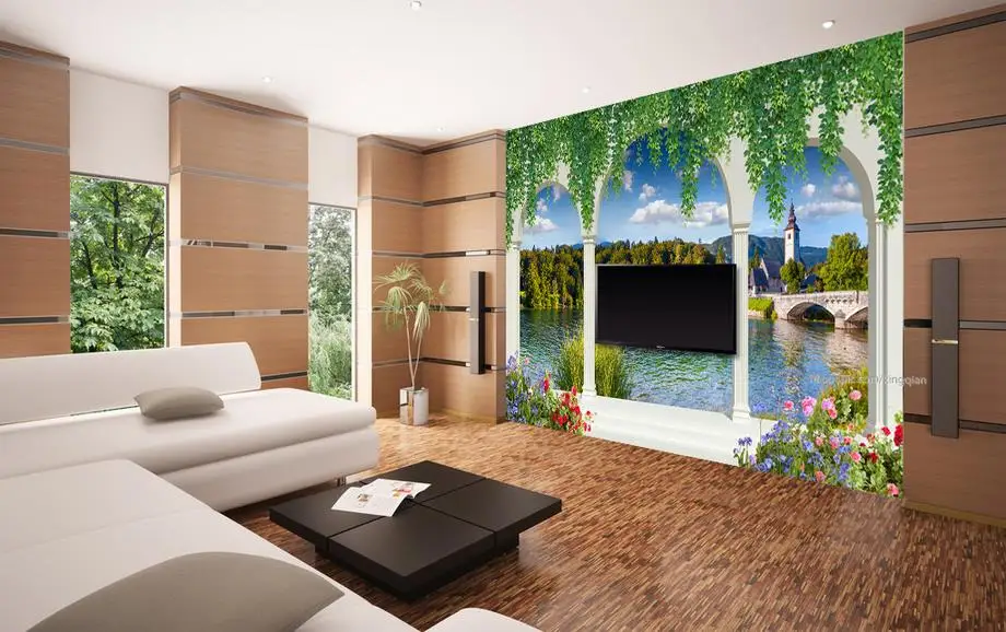 

custom 3d stereoscopic photo wallpaper Roman column colonnade lake scenery wall wallpaper for living room
