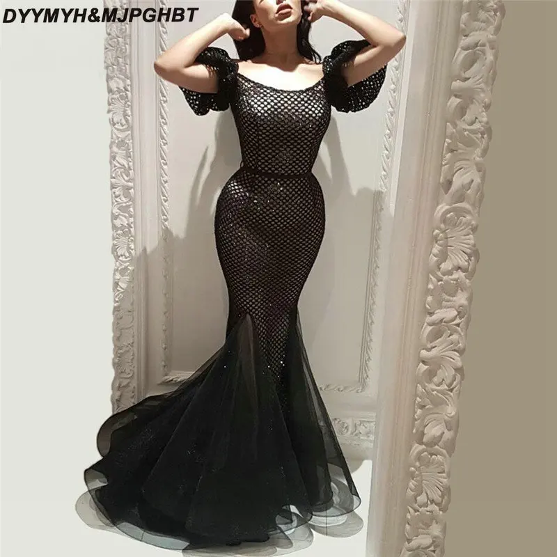 

Длинные вечерние платья-русалки с подкладкой телесного цвета в стиле Саудовской Аравии, новинка 2019, черные тюлевые Платья с коротким рукаво...