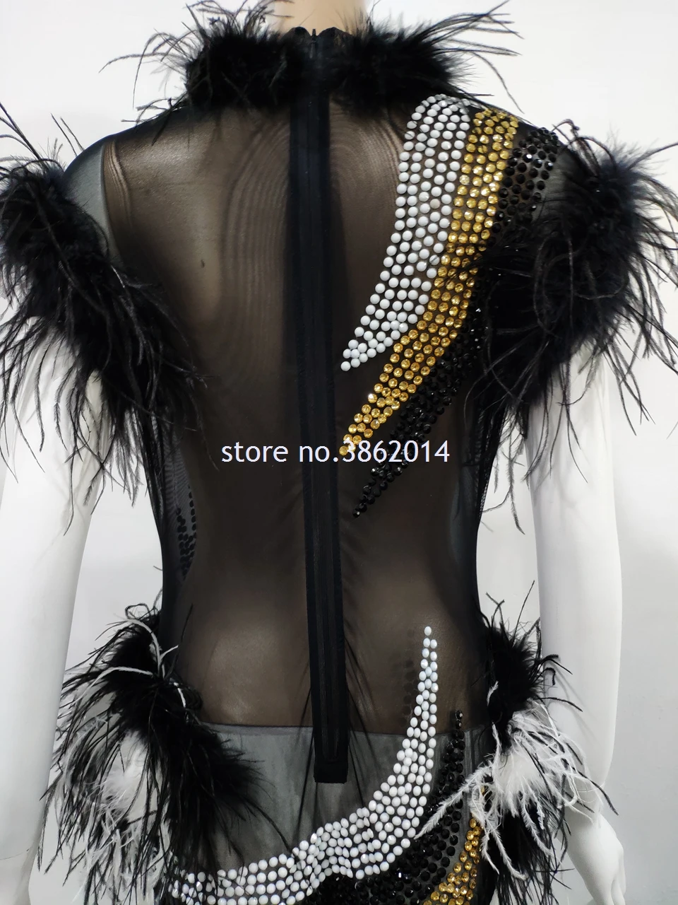 Sparkly Rhinestones Black White Feather Mesh Bodysuit Leggings Nightclub Women Stage Performance Outfits Birthday Party Wear