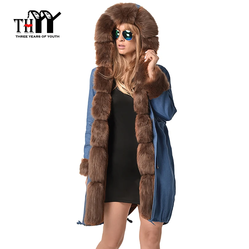 THYY 2018/19 зимняя куртка Для женщин джинсовая хлопок меха с капюшоном пальто
