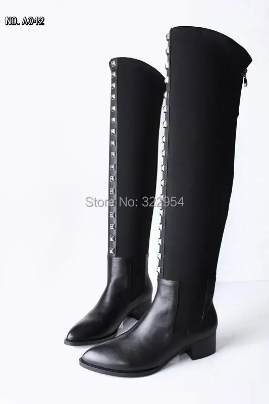 Drop ship over the knee thin tight elastic low heel v brand genuine leather rivets women flat boots | Обувь