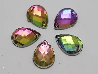 

100 Rainbow AB Flatback Acrylic Faceted Teardrop Sewing Rhinestone Beads 10X14mm