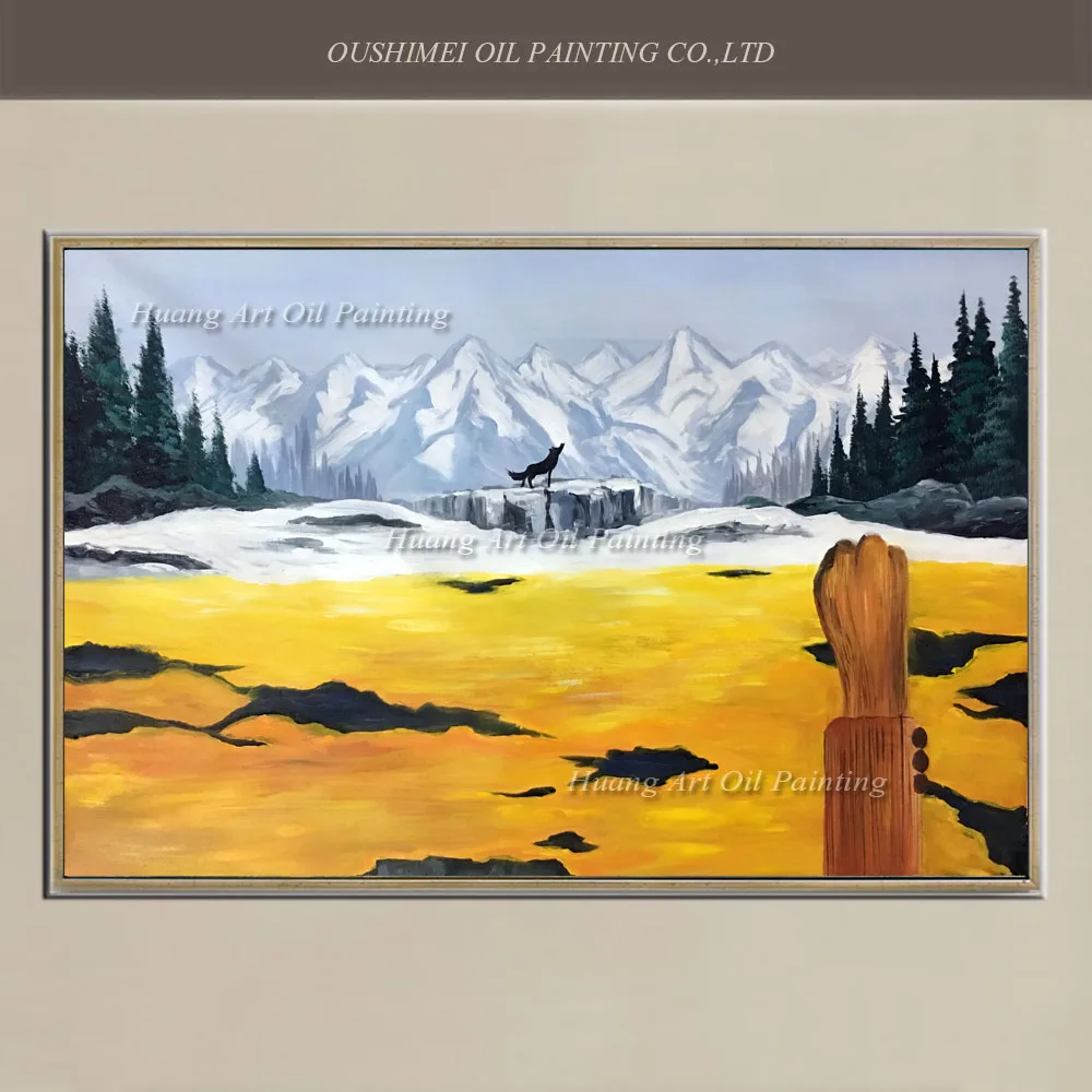 Ручная роспись желтый пейзаж живопись знак победы волк масляная настенное
