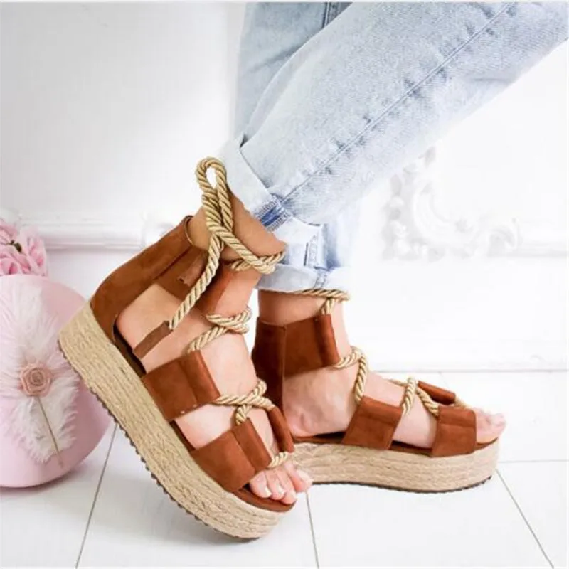 

2019 Summer Women Flat Sandals Rope Beach Shoes Wedge Shoe High Heel Platform Cross Tied Fashion Flip Flop Open Toe