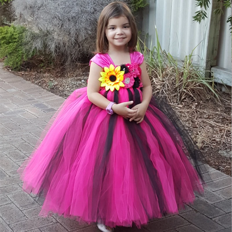 Black &amp Hot Pink Flower Girl Tutu Dress Handmade Princess Tulle Kids Girls Wedding Party Dresses for Ball Gown | Детская одежда и