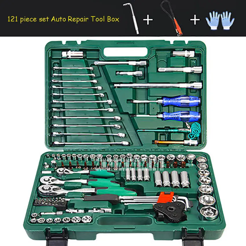 121 piece set LSQXIGJ-01 набор из 121 предметов, коробка для инструментов для ремонта автомобиля, втулка, гаечный ключ, домашний набор для ремонта автомобиля, трещотка, ремонт, ручные инструменты, разборка шин - Цвет: 121 piece set