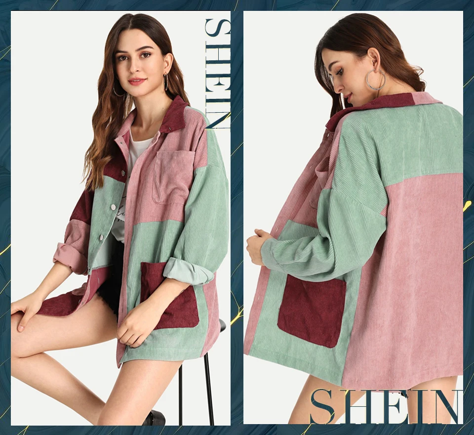 SHEIN Вельветовая Куртка С Контрастными Вставками Длинная Модная Куртка