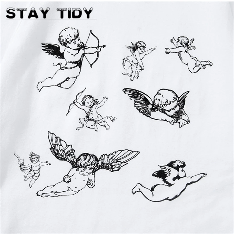 STAY TIDY Angel Cupid Print Cotton Crop Tops Summer Women 2019 Short Sleeve O-Neck Slim T Shirts Casual Female Streetwear Tees | Женская