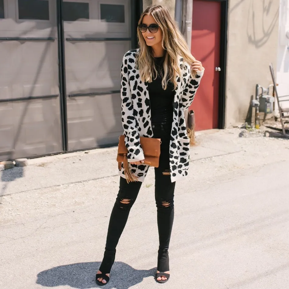 2018 Autumn Winter Women Long Open Stitch Knitted Cardigan Outwear Sleeve Leopard Print Sweater |