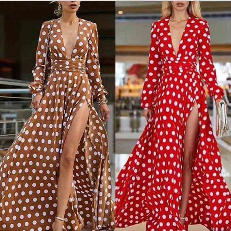 Платье макси в горошек с длинным рукавом и высоким разрезом|Женские платья| |