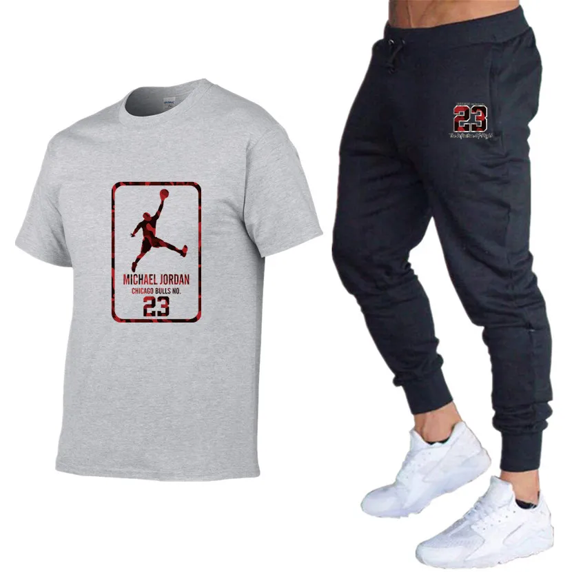 Качественные Брендовые мужские комплекты Jordan 23 футболки+ брюки Мужская брендовая одежда костюм из двух предметов спортивный костюм футболки спортивные залы тренировка набор для фитнеса - Цвет: Lght gray 78