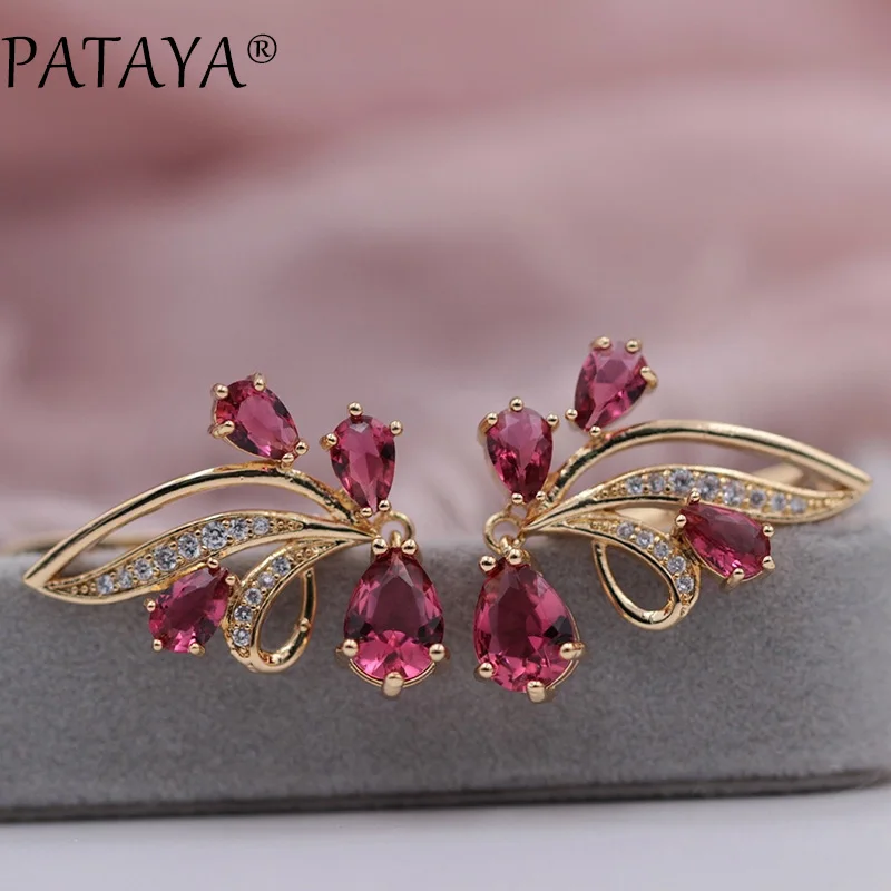 PATAYA подарок на год 585 розовое золото капли воды розовый красный Природный Цирконий висячие серьги женские свадебные Роскошные ювелирные изделия 3 цвета