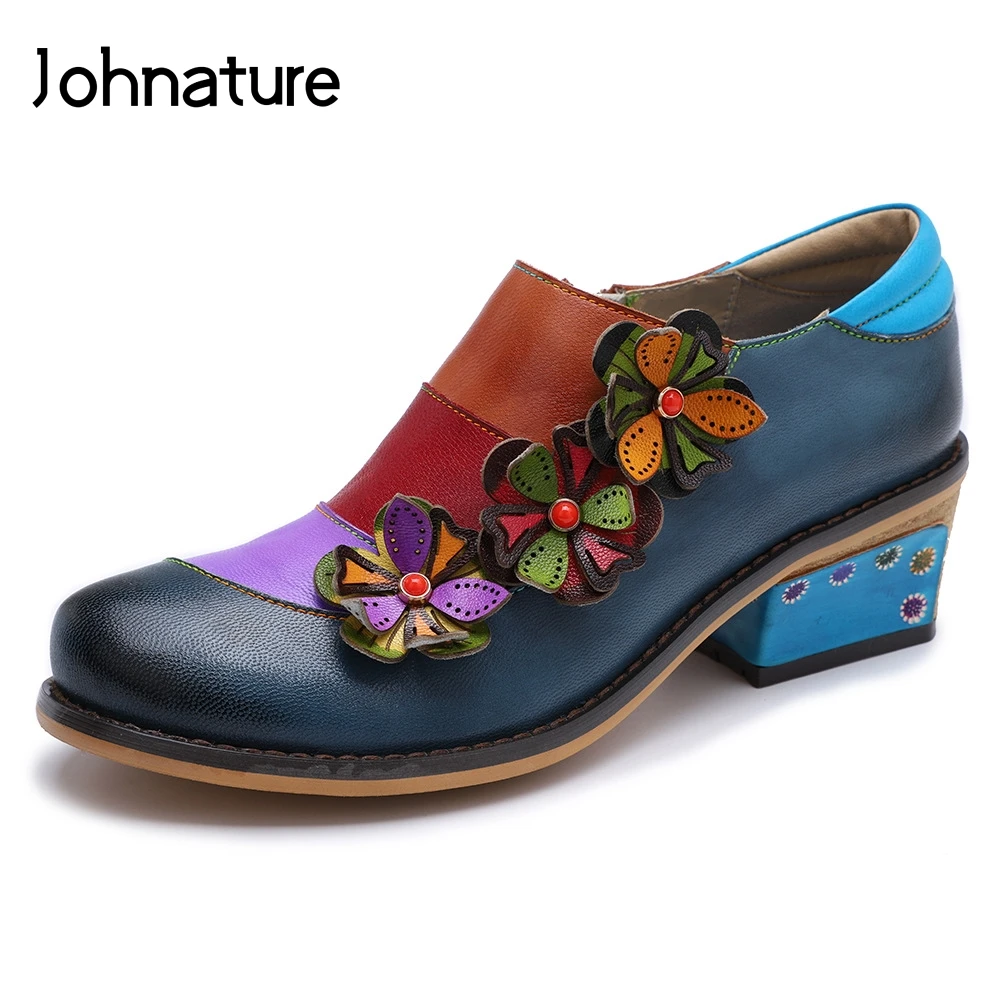 

Johnature 2020 New Spring Retro Mixed Colors Genuine Leather Round Toe Appliques Handmade Casual Lady Shoes Pumps Med Heels