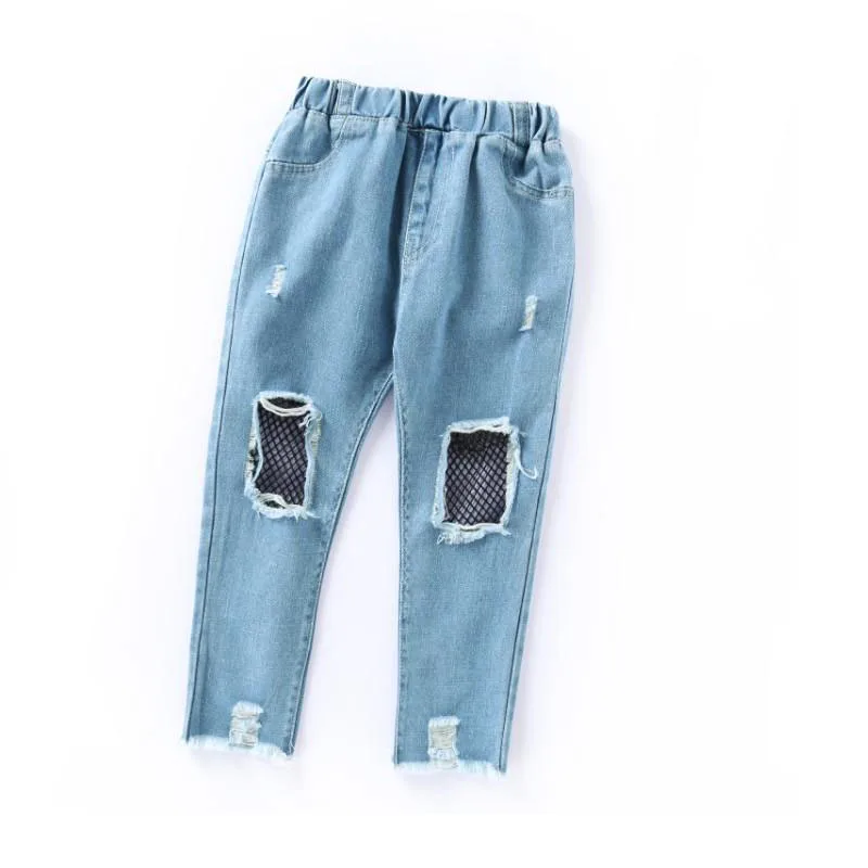 Модные джинсы для девочек детские с сетчатыми дырками 2019 г. Новые весенние От 5 до