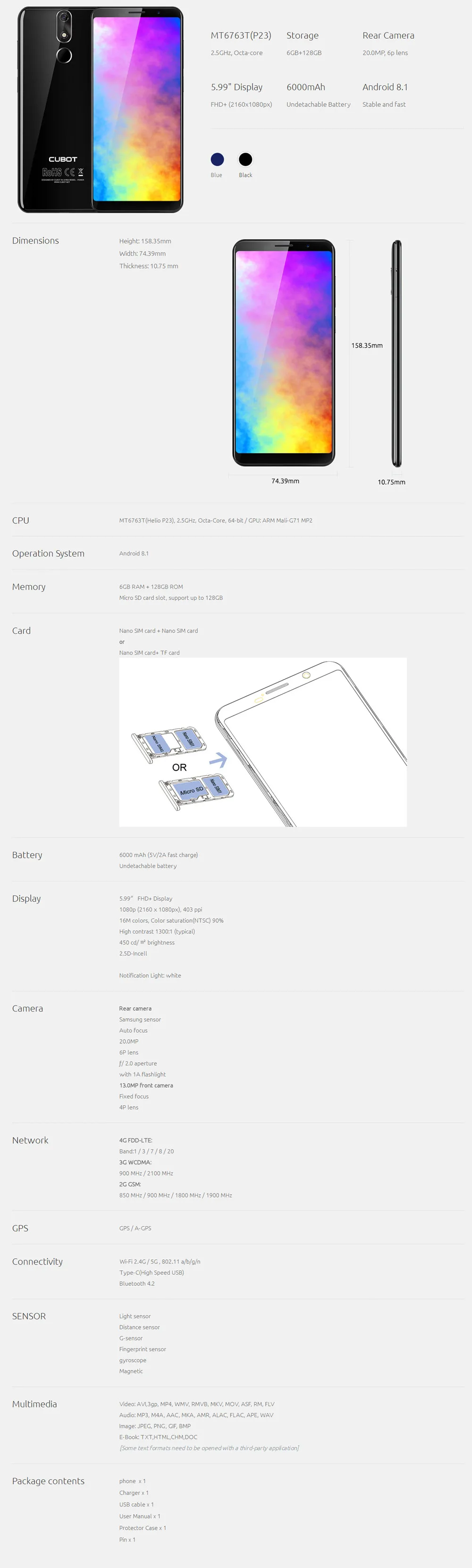 Cubot power 6 ГБ ОЗУ 128 Гб ПЗУ Android 8,1 18:9 5,99 'FHD+ полный экран MT6763T Восьмиядерный 6000 мАч телефон двойной 4G сеть 6P объектив