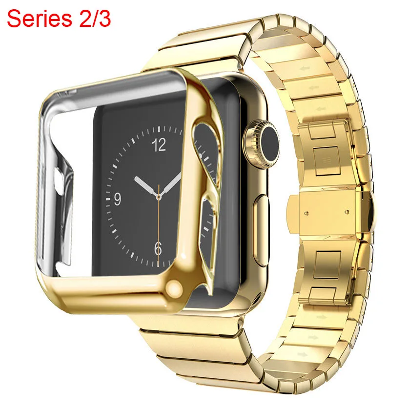 Gold Защитный чехол+ браслет из нержавеющей стали для Apple Watch Series 3 2 ремешок для iWatch ремешок позолоченный чехол 42 мм 38 мм - Цвет ремешка: Gold