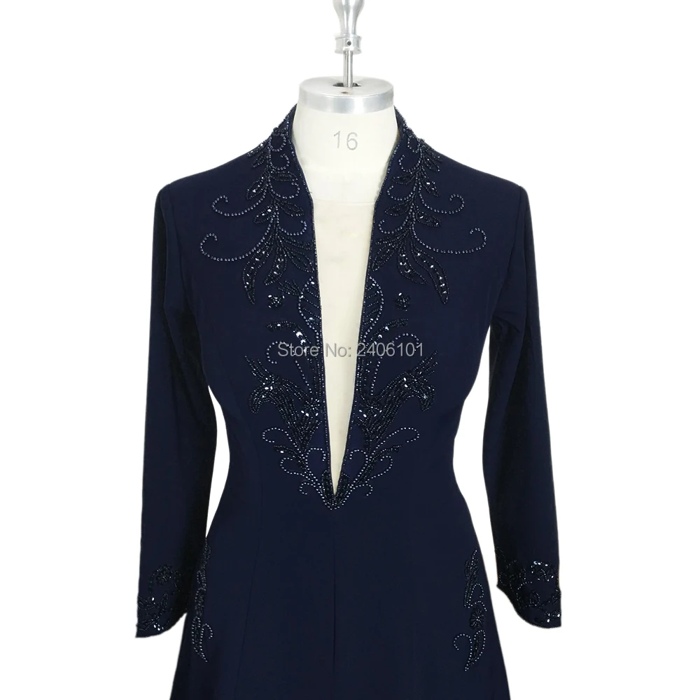 Navy Blue Satin Evening Dresses Embroidery Plunging V Neck Full Sleeve Beaded Formal Floor Length Wedding Party Dress | Свадьбы и