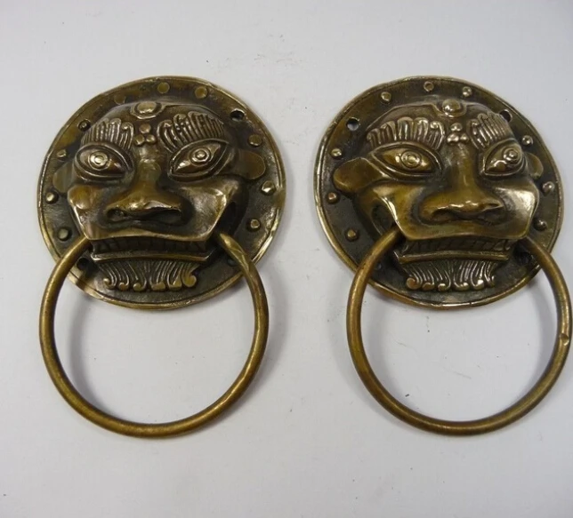 SCY декорированная старая ручная работа Китайский медный резной лев 1 пара дверная