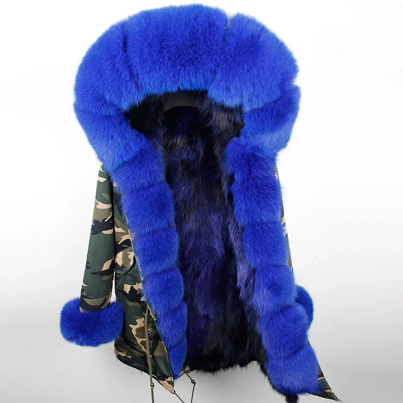 camo blue Брендовая Новая модная женская Длинная зимняя куртка роскошное большое пальто с капюшоном и воротником из лисьего меха теплая парка с подкладкой из лисьего меха наивысшего качества - Цвет: camo blue