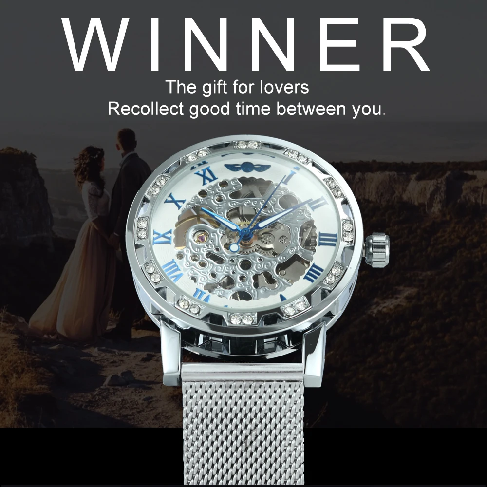 WINNER скелет механические Женские часы с кристаллами Iced Out мужские сетчатым