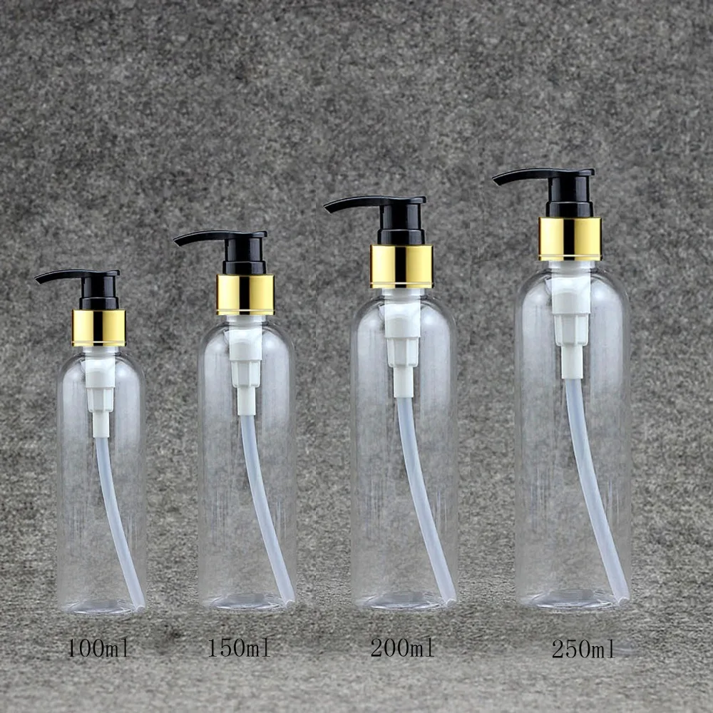 

30pcs 100ml 150ml 200ml 250ml Empty Silver Gold collar lotion pump Clear round PET Plastic Shampoo Shower Gel Cosmetic packaging