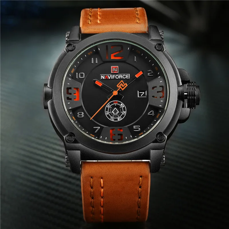 Мужские часы NAVIFORCE, спортивные водонепроницаемые мужские часы, военные армейские деловые кожаные кварцевые мужские часы 9099
